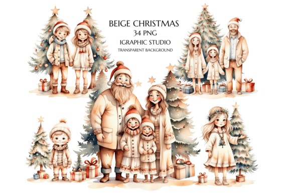 Beige Christmas Family Clipart: Warm Illustrations for Local Brands