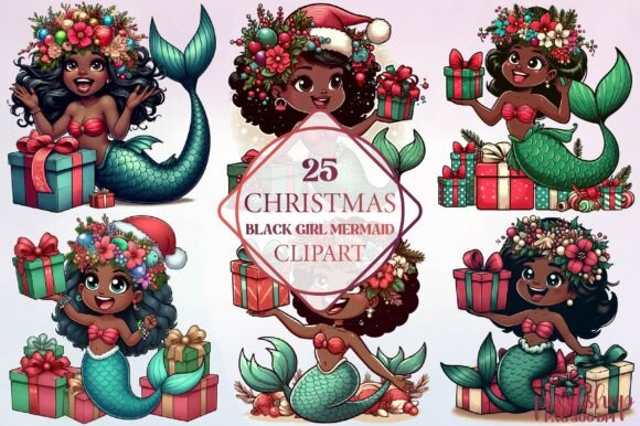 Christmas Black Girl Mermaid Clipart for Seasonal Illustrations