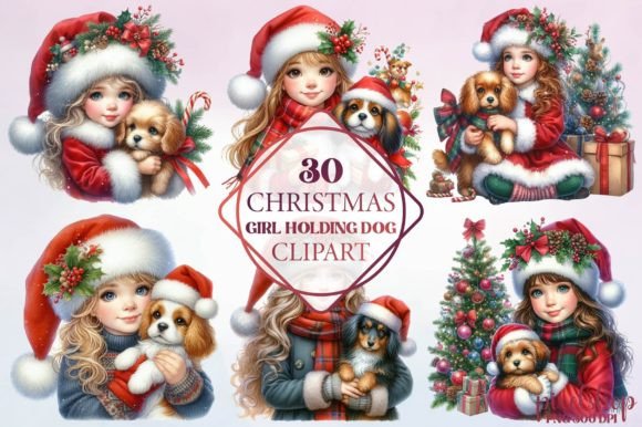 Christmas Girl Holding Dog Clipart