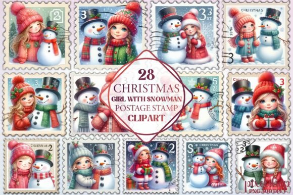 Christmas Girl with Snowman Postage Stam Illustrations Review