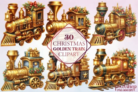 Christmas Golden Train Clipart Illustrations