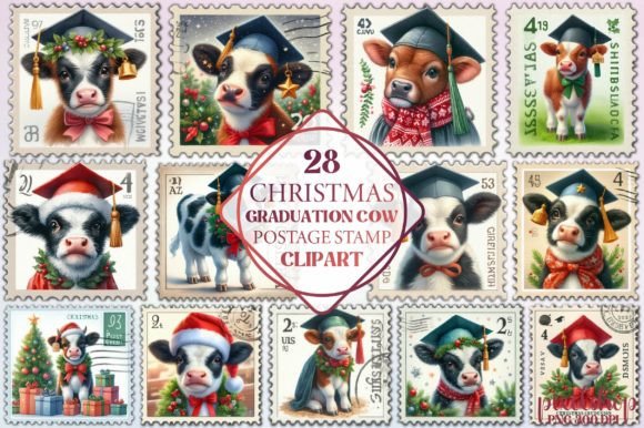 Christmas Graduation Cow Postage Stamp