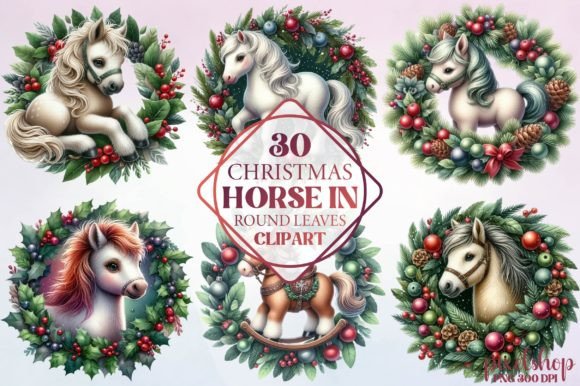 Christmas Horse in Round Leaves Clipart Review