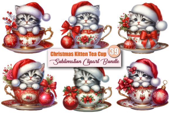 Christmas Kitten Tea Cup PNG Clipart for Illustrations