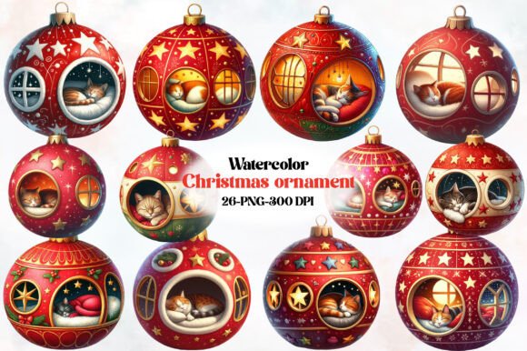 Christmas Ornament and Cat Clipart for Modern Illustrations