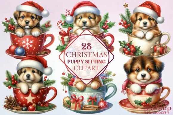 Christmas Puppy Sitting Clipart for Illustrations and Crafts