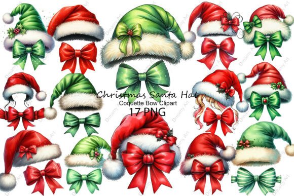 Christmas Santa Hat Coquette Bow Clipart for Modern Illustrations