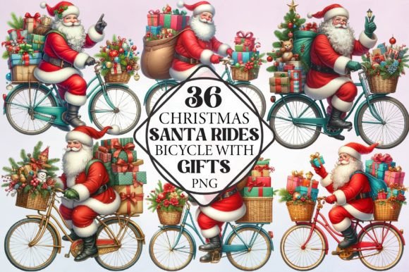 Christmas Santa Rides Bicycle with Gifts Illustrations Review