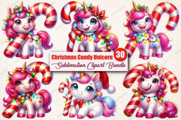 Funny Christmas Candy Unicorn Clipart for Illustrations