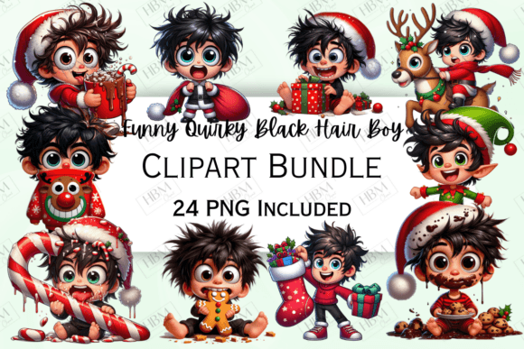 Funny Quirky Christmas Black Haired Boy in Illustrations