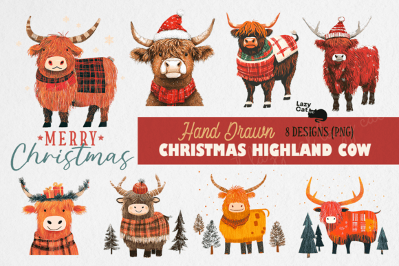Hand Drawn Christmas Highland Cow Bundle for Illustrations