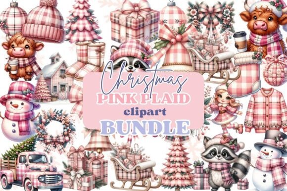 Pink Plaid Christmas Clipart Bundle: Premium Illustrations for Holiday Content