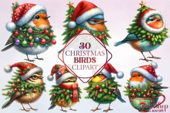 Watercolor Christmas Birds Clipart for Editorial and Illustrations