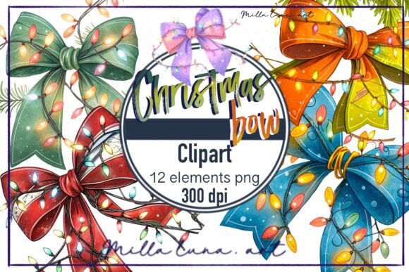 Watercolor Christmas Bow Garland PNG: Editorial Illustrations for Web