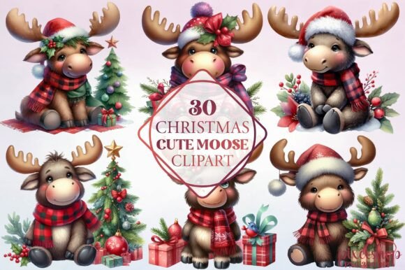 Watercolor Christmas Cute Moose Clipart