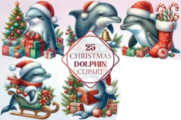 Watercolor Christmas Dolphin Clipart