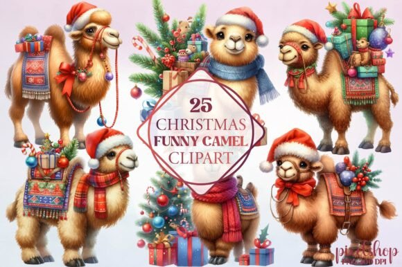 Watercolor Christmas Funny Camel Clipart
