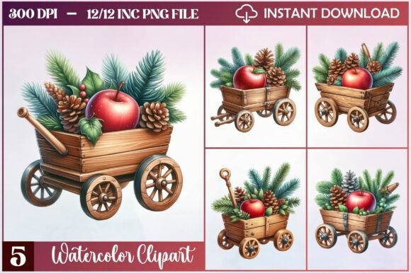 Watercolor Christmas Wagon Clipart for Brand Illustrations